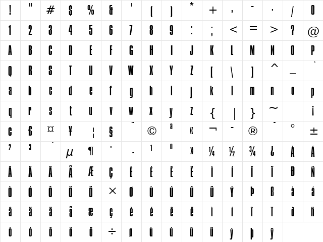 Compacta Light  glyph index