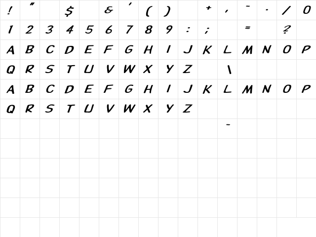 Dupuy Wd BI Bold Italic  glyph index