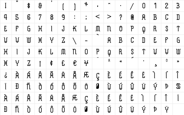 MetropolisNF Regular  glyph index
