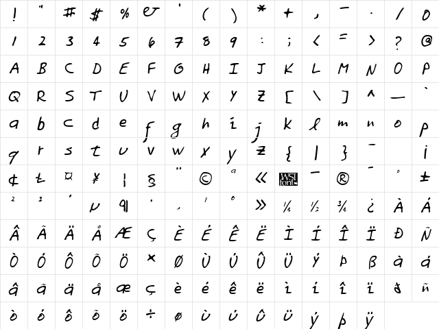KathrynsHand Regular  glyph index