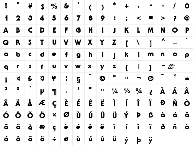 Ubiq Gothic Ultra SSi Ultra Black  glyph index