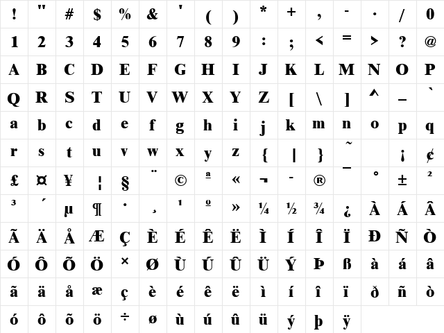 Nimbus Roman Becker No9TExtBol Regular  glyph index