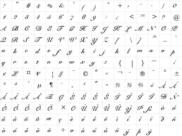 Snell Bd BT Bold  glyph index