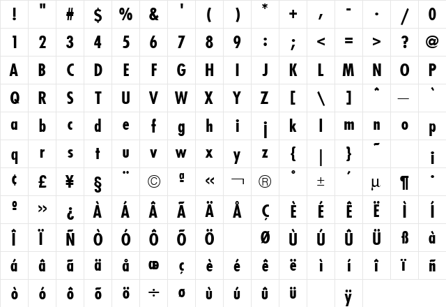 Futura Condensed Bold  glyph index