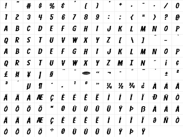 Carnival Corpse Extra-Expanded Italic Expanded Italic  glyph index