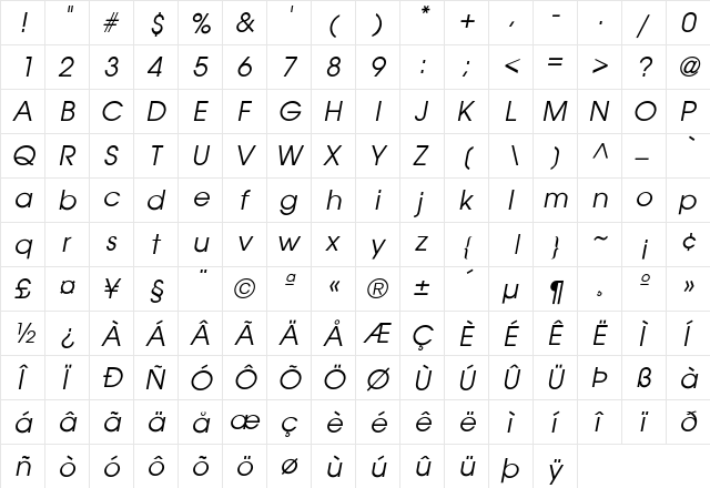 Driscoll Oblique Regular  glyph index