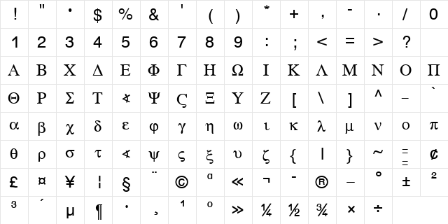 Greek Becker Normal  glyph index