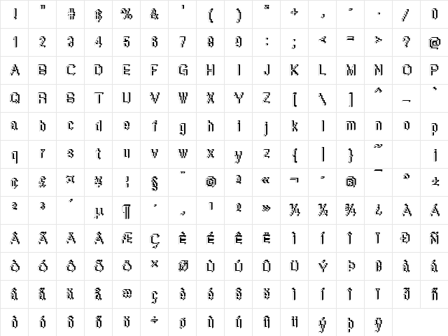 Rough45 Becker Regular  glyph index