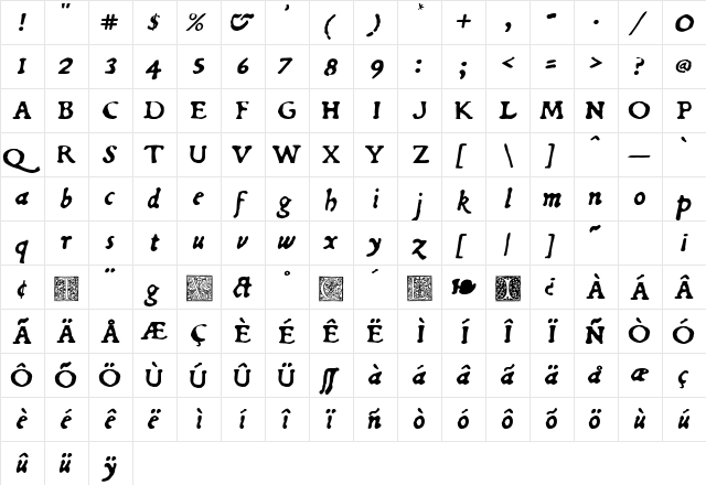 Du Bellay Italic  glyph index