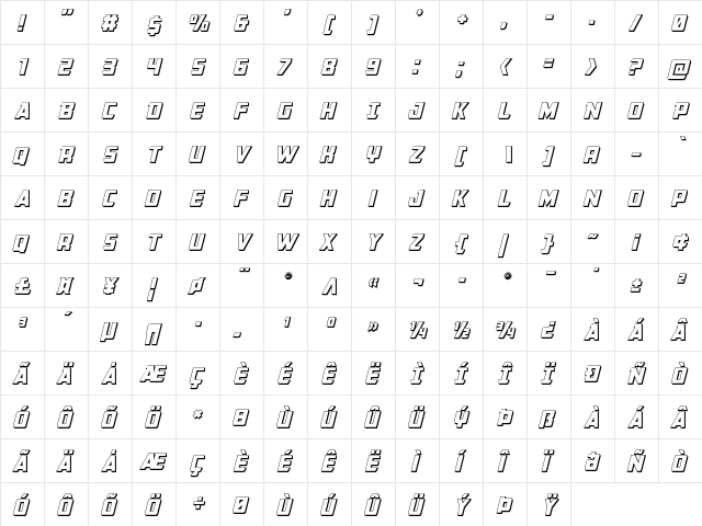 Buchanan 3D Italic Italic  glyph index