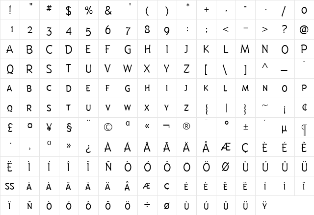 BadgerLightExpert Roman  glyph index
