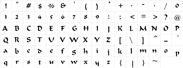 Beemer Trac Regular  glyph index