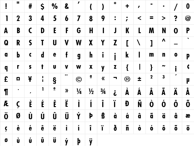 Fujiyama Bold  glyph index