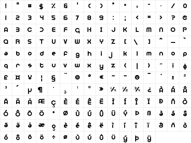 Optien Regular  glyph index