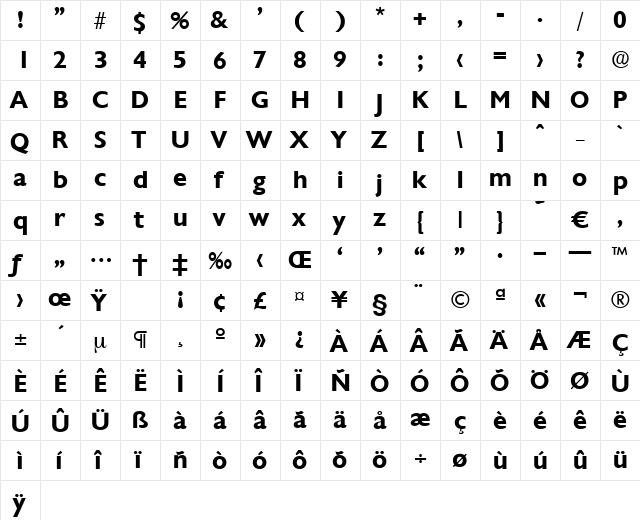Chantilly-DemiBold Regular  glyph index