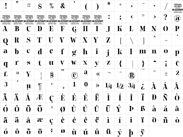 Sharpe PERSONAL Bold  glyph index