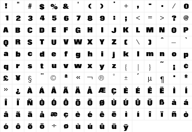 FolioICG XBold  glyph index