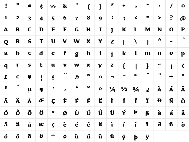 Sauna-Bold Regular  glyph index