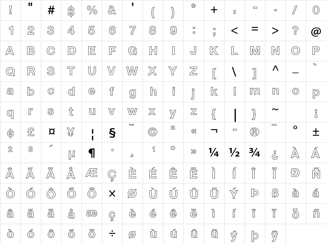 Helvetica Neue LT Std 75 Bold Outline  glyph index