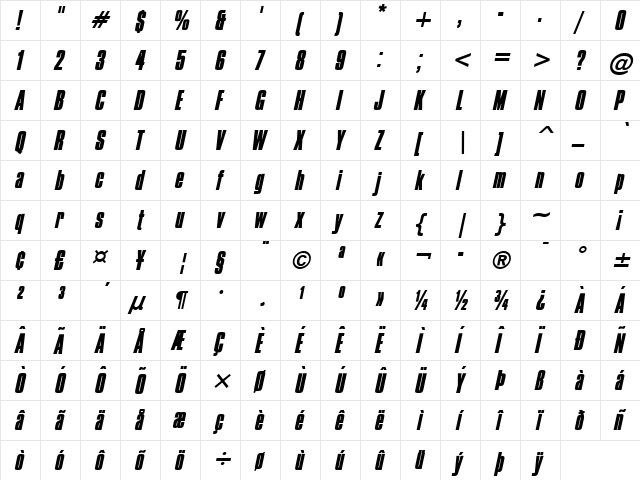 Commador Heavy Italic  glyph index