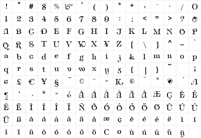 Ampir Deco Regular  glyph index
