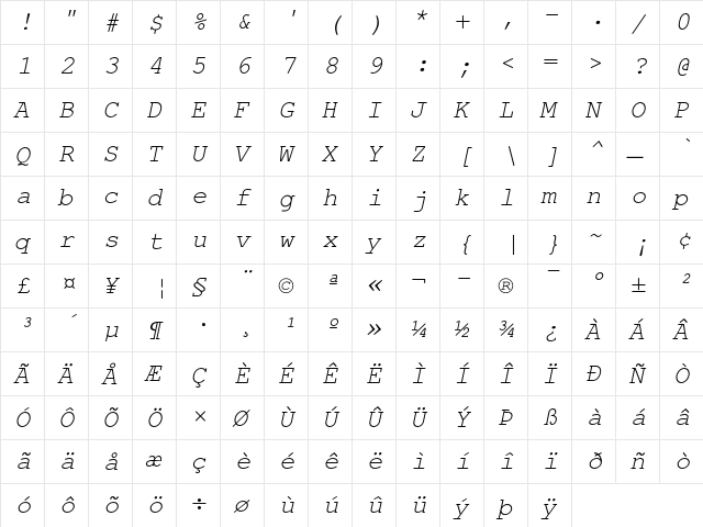 TeX Gyre Cursor Italic  glyph index