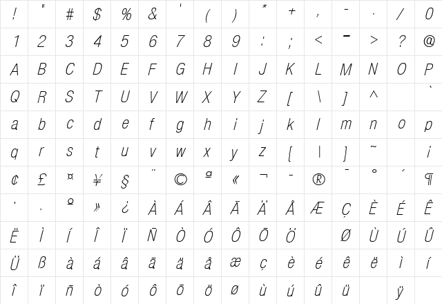 SansCondLH Italic  glyph index