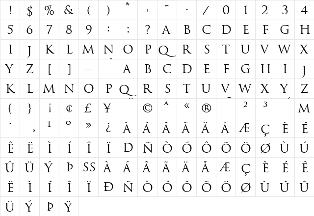 Trajan Regular  glyph index