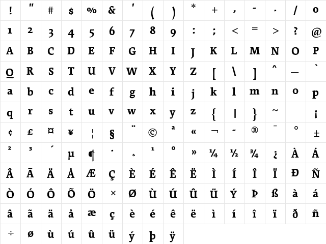 Cartier Book Std Bold  glyph index