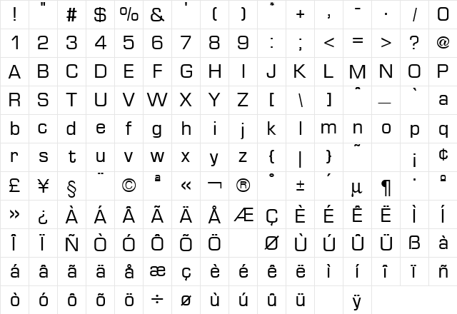 Euro Technic Regular  glyph index