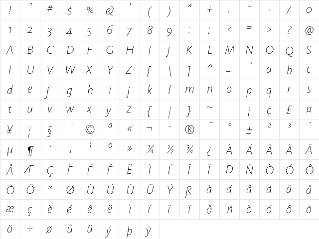 KievitOT-ExtraLightItalic Regular  glyph index