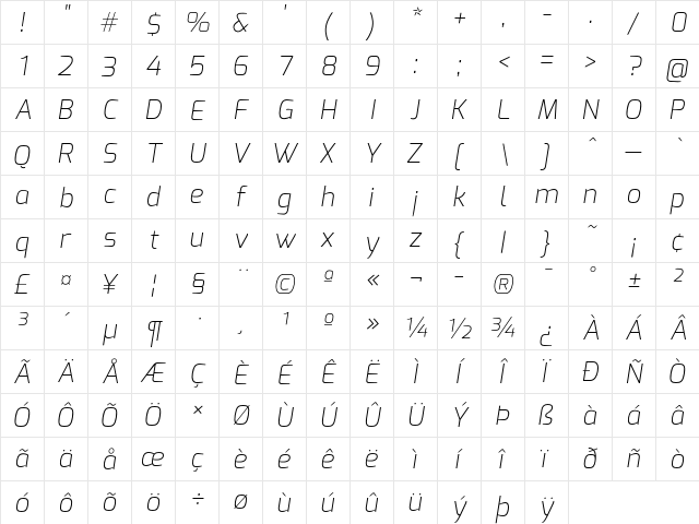 Exo Extra Light Italic  glyph index