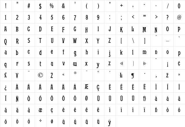 Lafayette Normal  glyph index