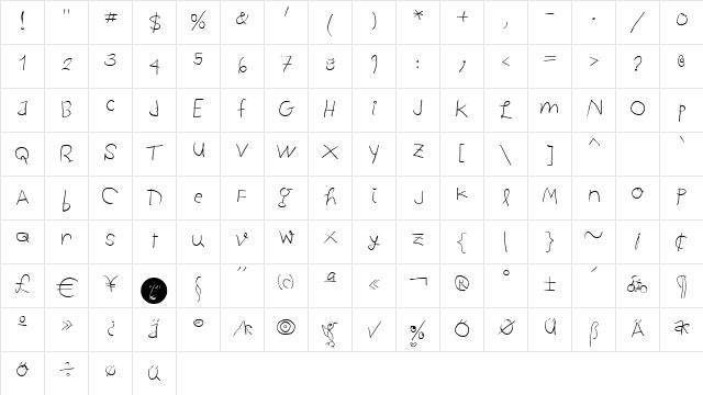 ChildWritten Regular  glyph index