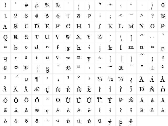 Bauer Bodoni T In1 Regular  glyph index