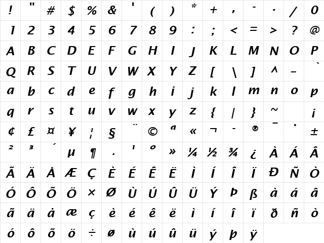 Rain Song 2 Demibold Italic  glyph index