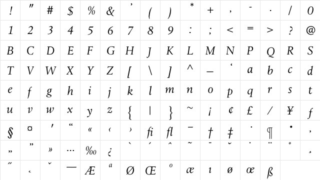 LeightonLightItalic Regular  glyph index