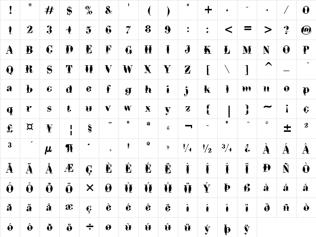 Bodoni Brush ITC Regular  glyph index