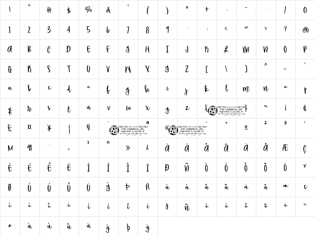 Brandybuck Regular  glyph index