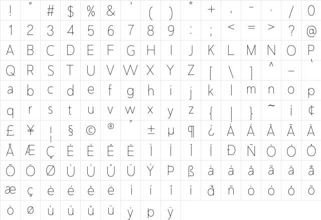 Nugo Sans Light  glyph index
