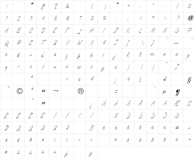 Signature-Light Italic  glyph index
