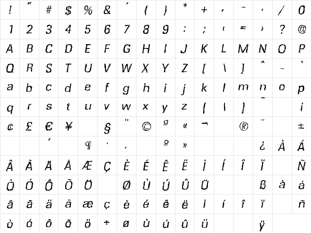 RochesterRandom Italic  glyph index