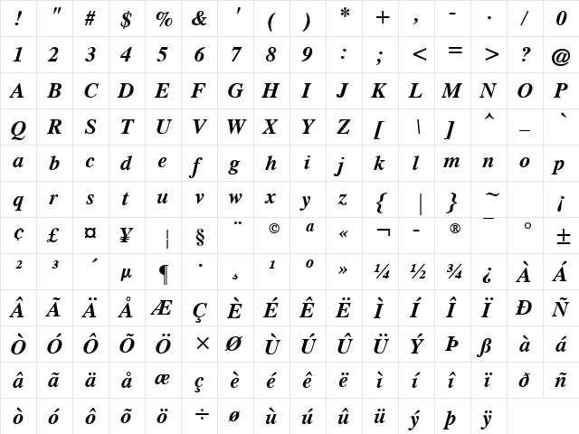 CG Times Bold Italic  glyph index