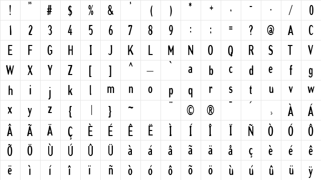 GrinderCondensed Regular  glyph index