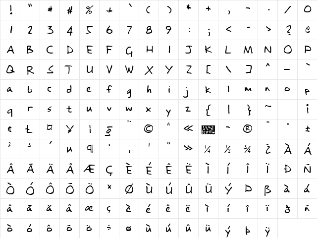 EmilysHand Regular  glyph index