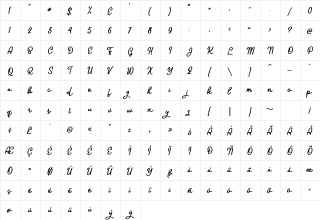 Azzura Lineweight Regular  glyph index