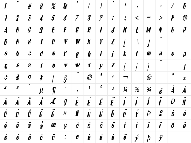 Amos Thin BoldItalic  glyph index