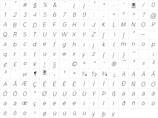 Malter Sans Thin Italic Demo Regular  glyph index