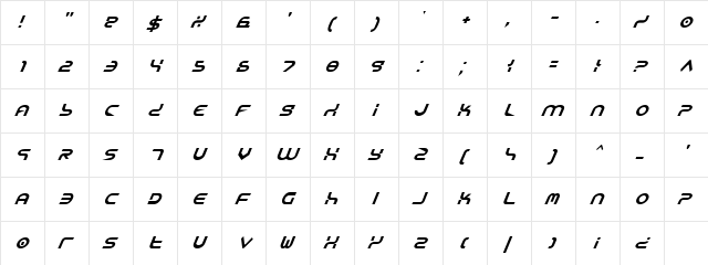 Yukon Tech Italic Italic  glyph index