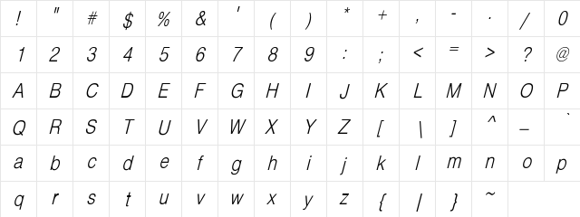 Bern Oblique Condensed 2 Regular  glyph index